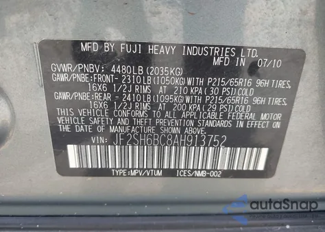 2010 Subaru Forester 2.5X из США, поврежденный, VIN JF2SH6BC8AH913752